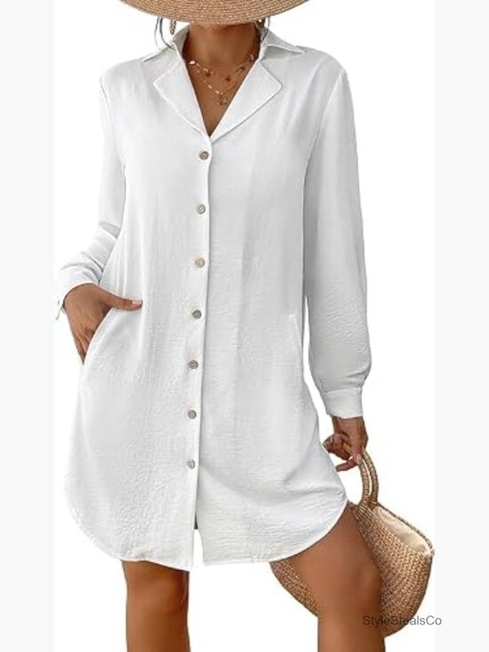 Other - Long Sleeve Button Down Swim Cover Up Shirt Dress Beach Vacation Blouse